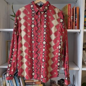 Vintage Lauren Ralph Women's Button-Up Shirt Red Cream Size XL Southwestern